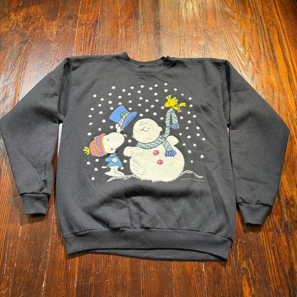 Vintage Peanuts Sweatshirt Mens XL Black Snoopy Snowman Christmas USA Graphic